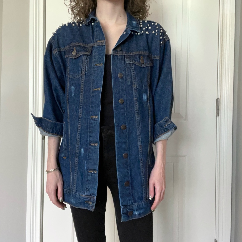 Oversized denim jacket with pearl embellishments